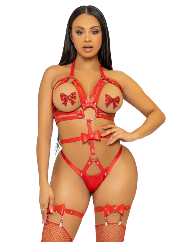 Leg Avenue - Kink naastudega O-rõngaga teddy punane S