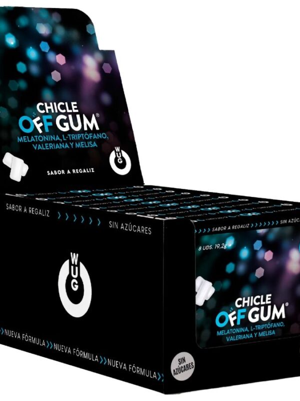 WUG Gum - Off närimiskumm palderjani, trüptofaani, melissi ja melatoniiniga | väljapanek 12 x 8 tk