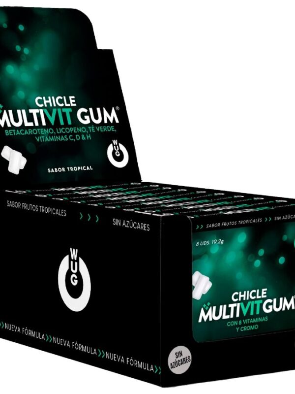 WUG Gum - Multivitamiin C-, H-, D-vitamiini, beetakaroteeni, lükopeeni ja rohelise teega | väljapanek 12 x 8 tk