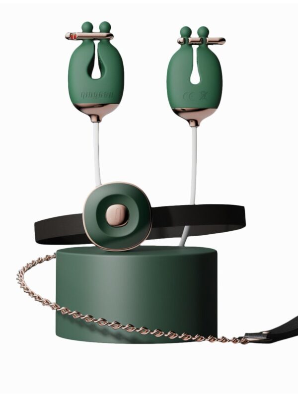 Qingnan – Vibrating Nipple Clamps And Choker Set Green BDSM-komplekt