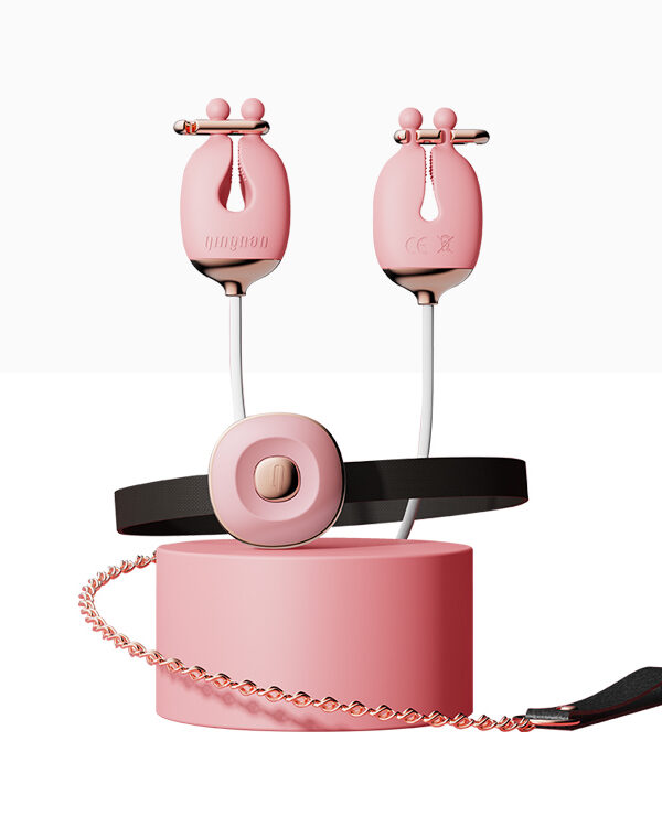 Qingnan – Vibrating Nipple Clamps And Choker Set Pink BDSM-komplekt