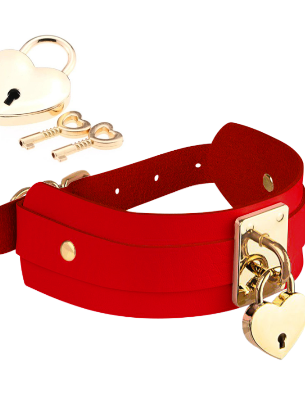 Kinky Diva – Heart Lock & Key Collar Burgundy/Gold kaelarihm